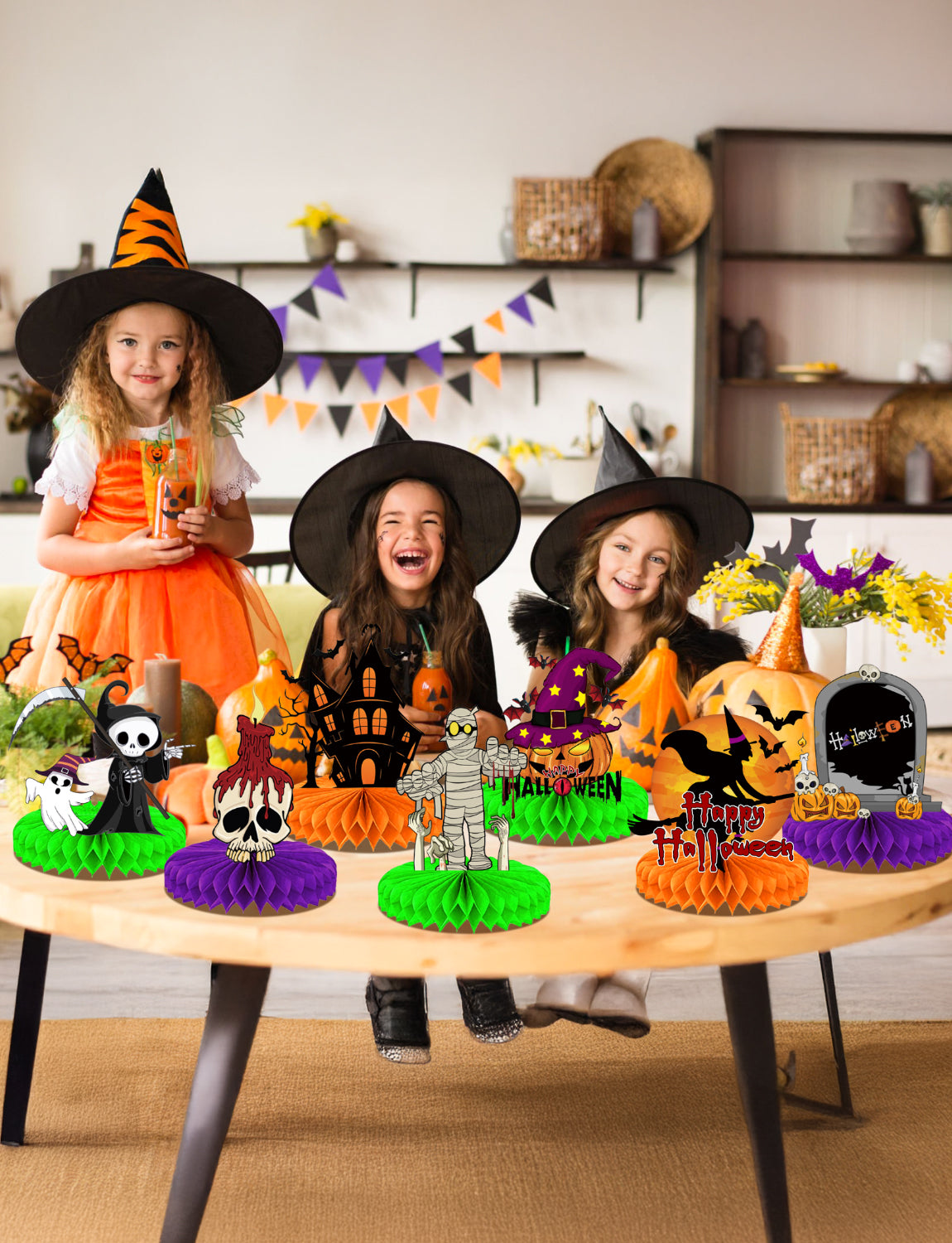 Halloween Table Decorations – 9Pcs Honeycomb Centerpieces for Table Featuring Pumpkin, Ghost, Cat, Castle, Tombstone,Spooky Decor for Kids Birthday and Halloween Party