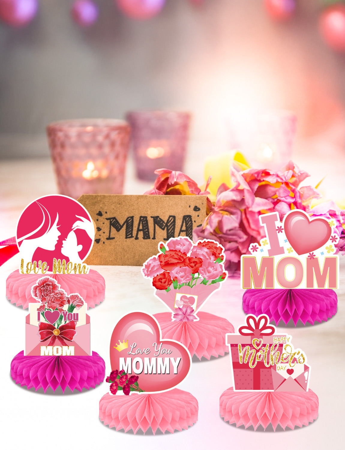 Mothers Day Table Decorations, Happy Mothers Day Centerpieces for Table, 9Pcs Pink Super Mom Theme Honycomb Centerpieces, 3D Flowers and Heart Table Toppers, for Mother‘s Party Supplies
