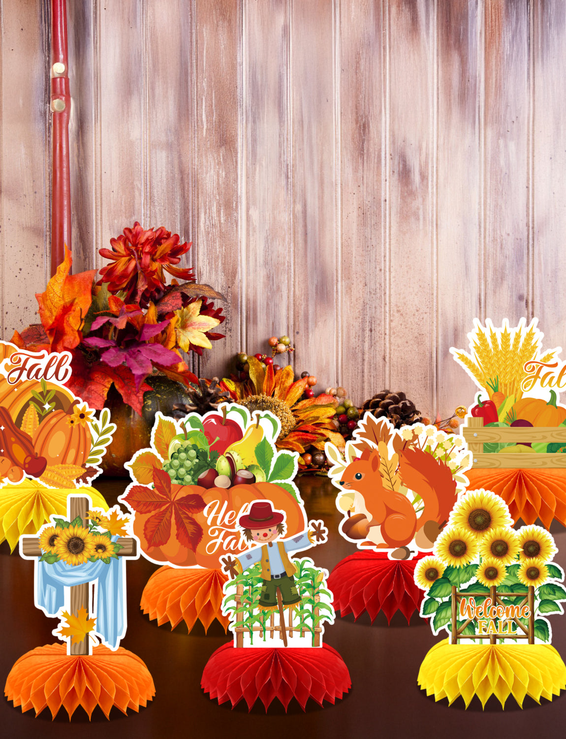 Fall Table Decorations - 9Pcs Fall Honeycomb Centerpieces for Tables with Pumpkins, Sunflowers, Scarecrow, Squirrel for Thanksgiving Dinner, Autumn Harvest Festival, Rustic Fall Party Decorations