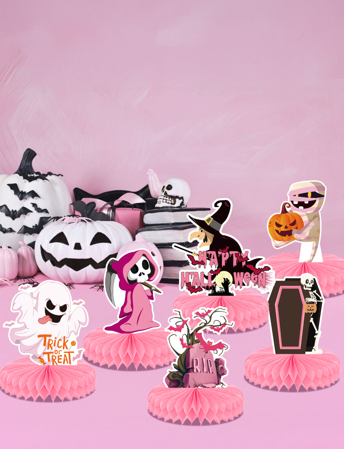 Pink Halloween Table Decorations, 9 Pcs Cute Pastel Halloween Honeycomb Centerpieces for Table, Pink Halloween Party Decor for Baby Shower, Girls Birthday, Gender Reveal