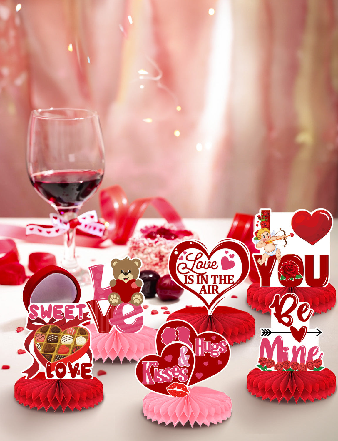 Haolongfa Valentines Day Table Decorations, 9 Pcs Valentines Centerpieces for Tables, Bear Heart Valentine Honeycomb Centerpieces Red Pink Valentine Table Centerpiece for Valentines Day Decorations