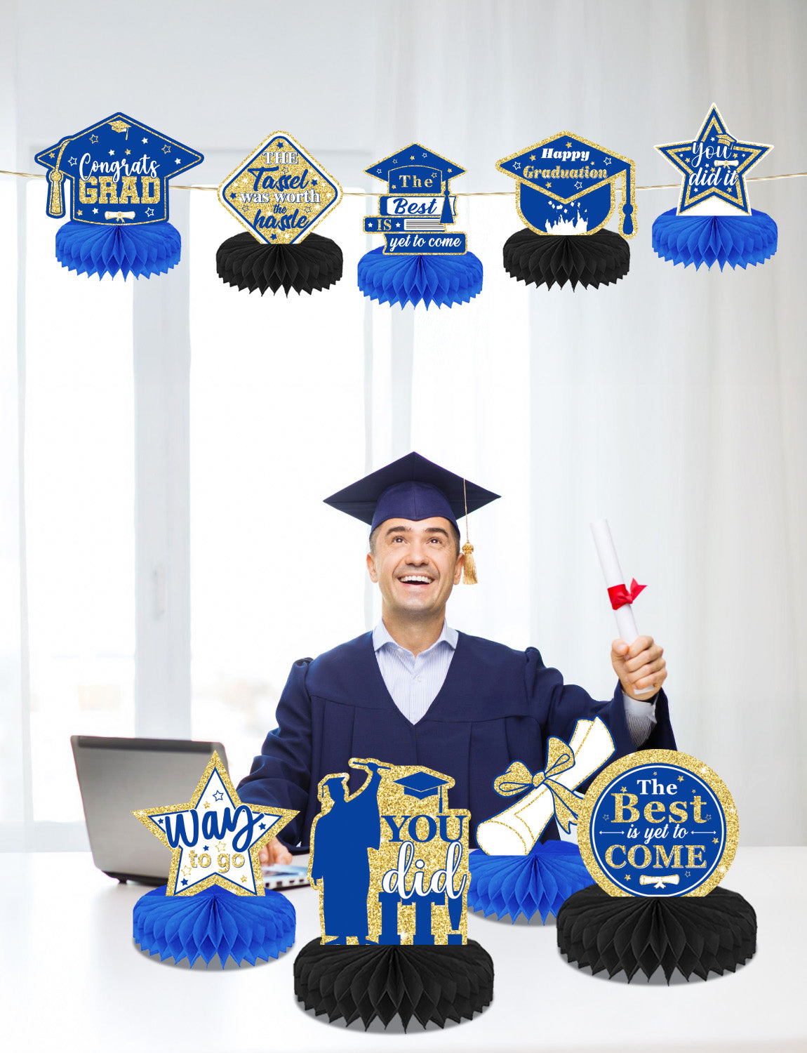 Graduation Centerpieces for Tables, 9Pcs Graduation Table Decorations, 3D Royal Blue Congrats Grad Honeycomb Centerpieces Table Toppers, Photo Props for Class of 2025 Grad Party Favors