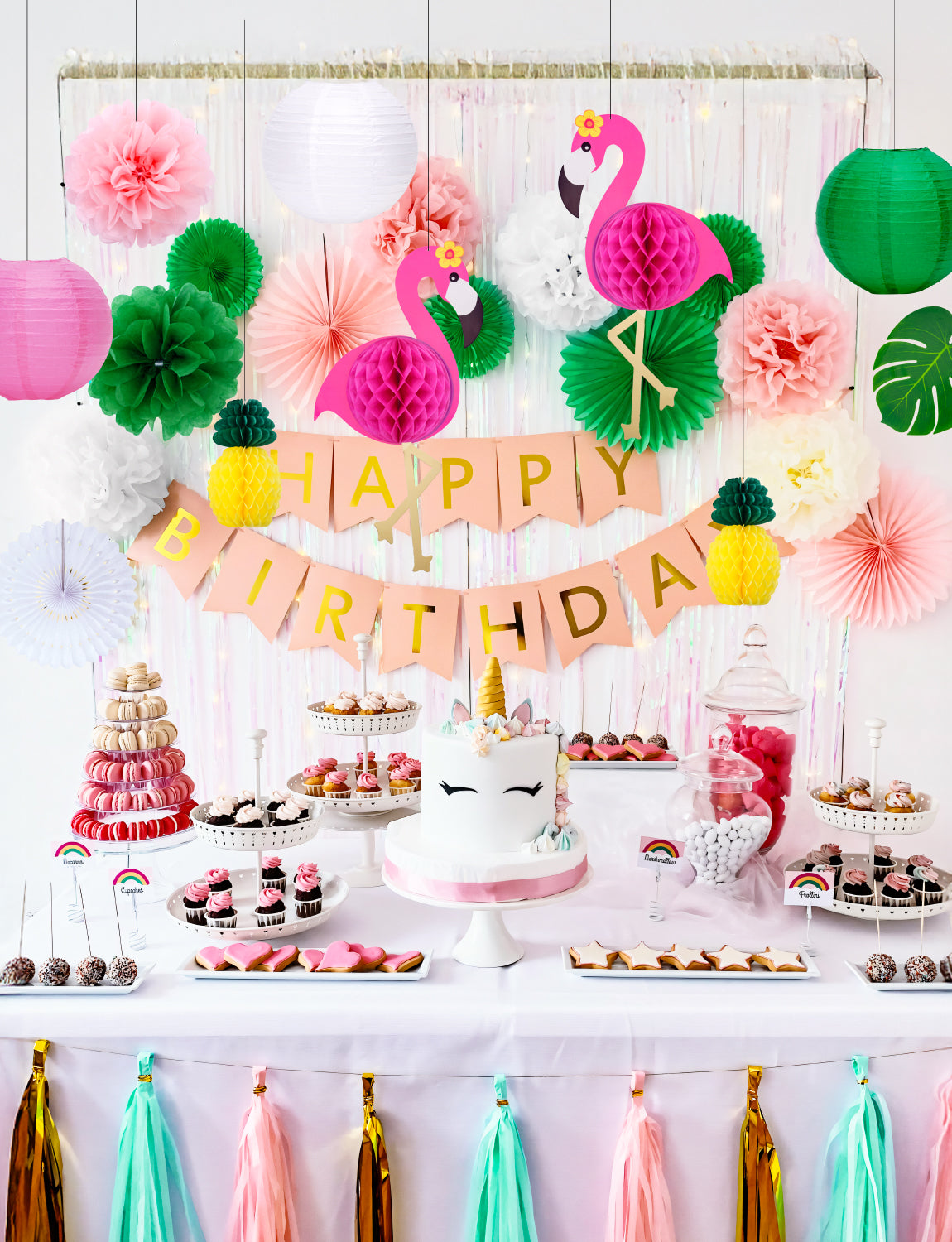 Flamingo Party Decorations, 16 Pcs Hawaiian Party Hanging Decor, Pink Flamingo and Pineapple Honeycomb Balls, Palm Leaves, Paper Fans, Paper Lanterns, Poms Flowers,for Summer Luau Tropical Beach Party