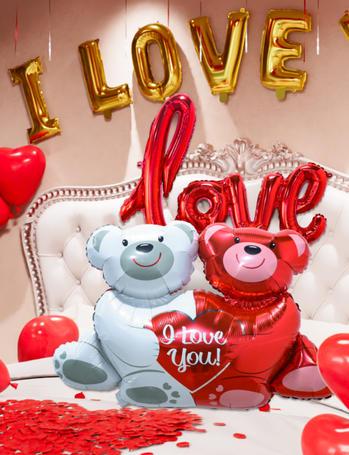 Haolongfa Valentine Day Balloons Kit, I Love You Balloons and Love-Bear Red Heart Balloons with 1000 Pcs Red Silk Rose Petals, Love Balloons for Valentines Day Room Decorations Anniversary Proposal