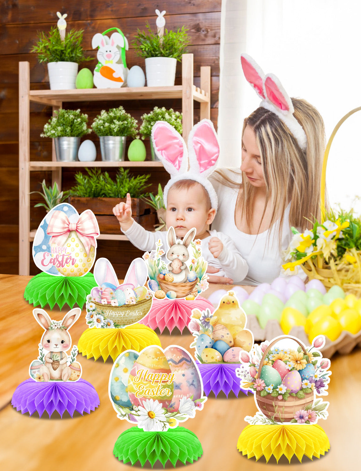 Easter Centerpieces for Tables Decorations, 9 Pcs Happy Easter Honeycomb Centerpieces, 3D Easter Bunny Egg Table Decoration for Easter Party Supplies, Spring Holiday Photo Prop