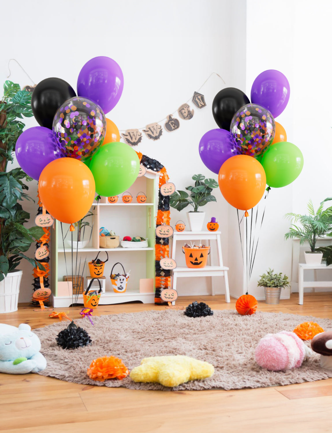 Halloween Balloons, 50 Pcs 12 Inch Black Orange Green Purple Confetti Latex Balloons, for Kids Birthday, Haunted House, Spooky Theme, Halloween Party Decorations