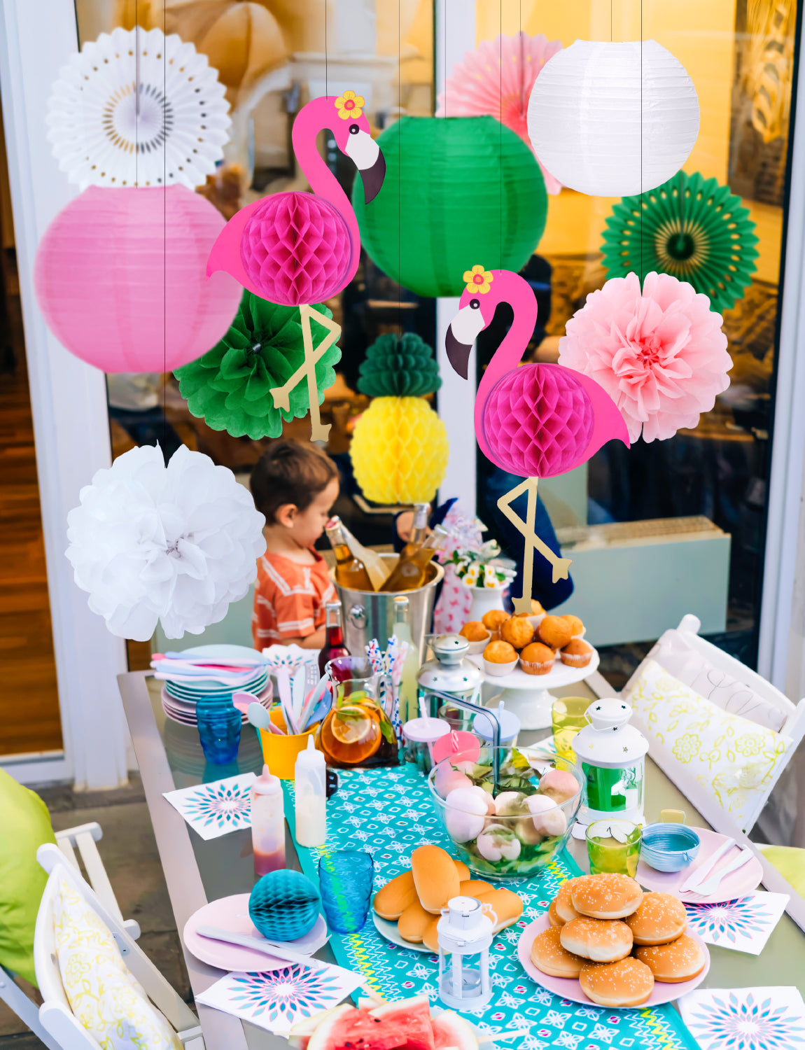 Flamingo Party Decorations, 16 Pcs Hawaiian Party Hanging Decor, Pink Flamingo and Pineapple Honeycomb Balls, Palm Leaves, Paper Fans, Paper Lanterns, Poms Flowers,for Summer Luau Tropical Beach Party