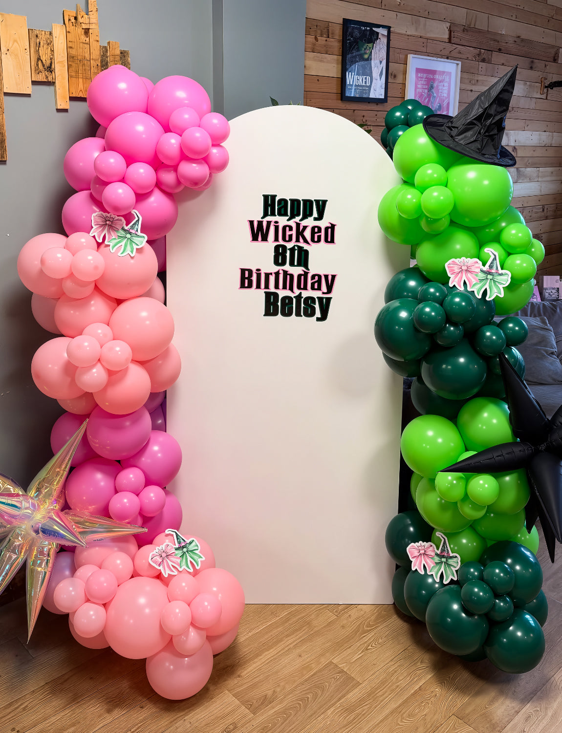 Pink and Green Balloon Garland Arch Kit - Wicked Balloon Arch Kit, Pink Green Balloons and Foil Fringe Curtains, Witch Hat Crown Exploding Star Broom Balloons for Birthday,Wicked Themed Party Decor