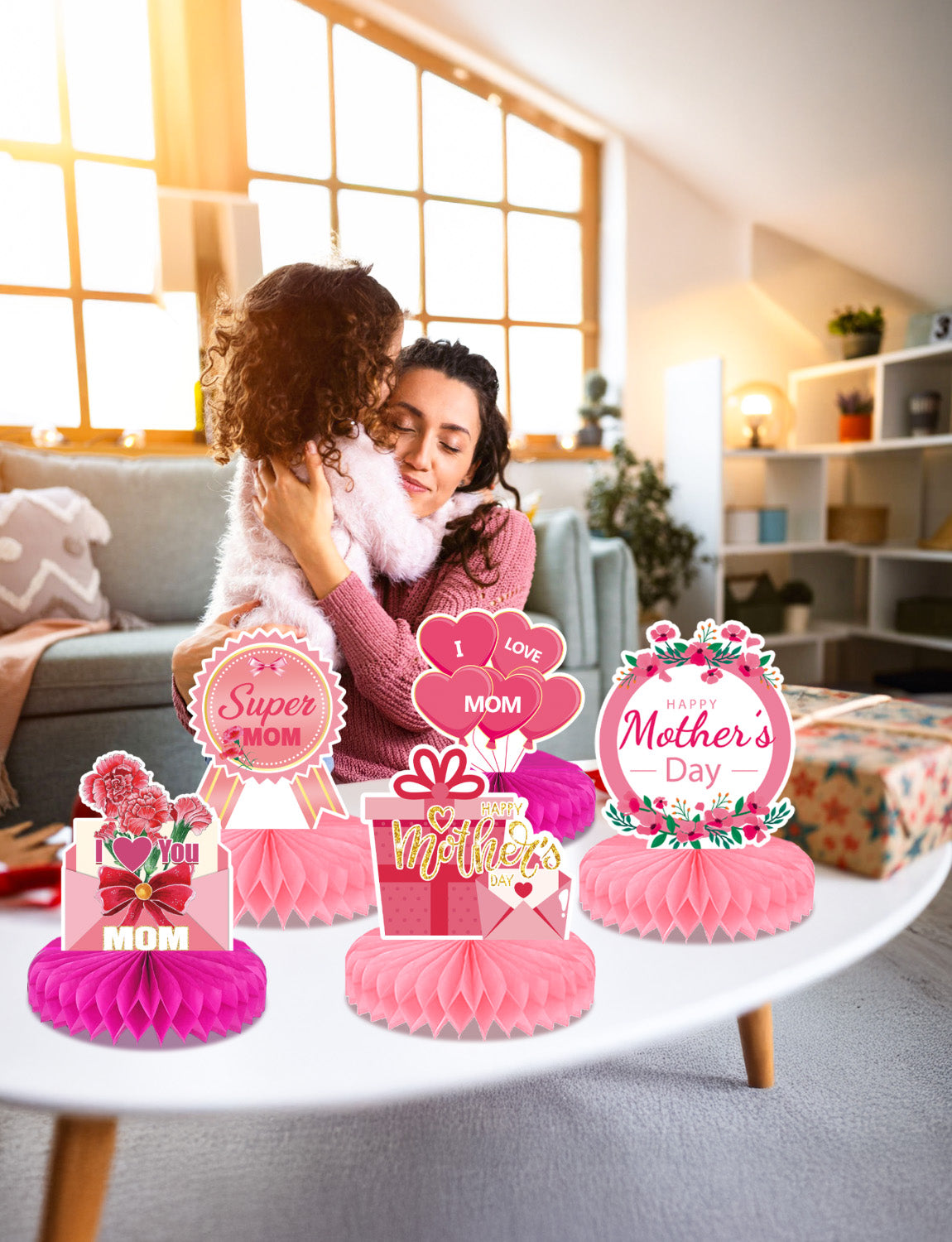 Mothers Day Table Decorations, Happy Mothers Day Centerpieces for Table, 9Pcs Pink Super Mom Theme Honycomb Centerpieces, 3D Flowers and Heart Table Toppers, for Mother‘s Party Supplies