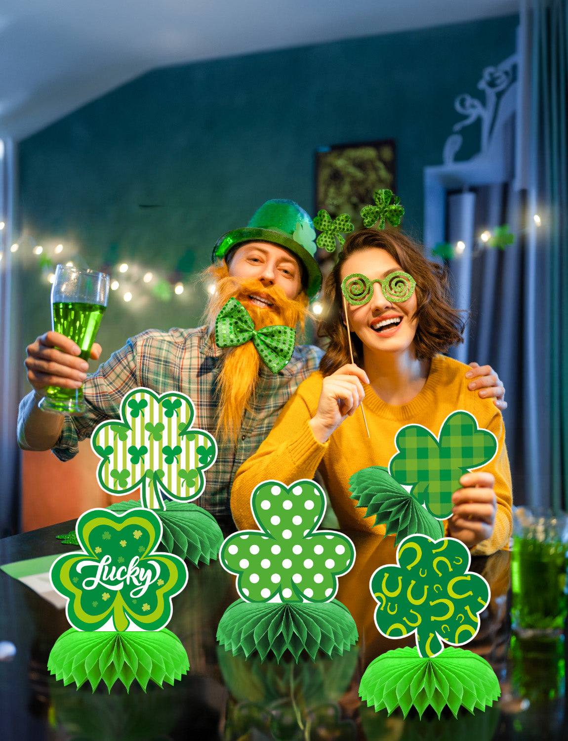 St Patricks Day Table Decorations, 9 Pcs St Patricks Day Honeycomb Centerpieces, 3D Irish Shamrock Centerpieces for Table, Clover Table Topper for St. Patrick's Day Party Favor Supplies