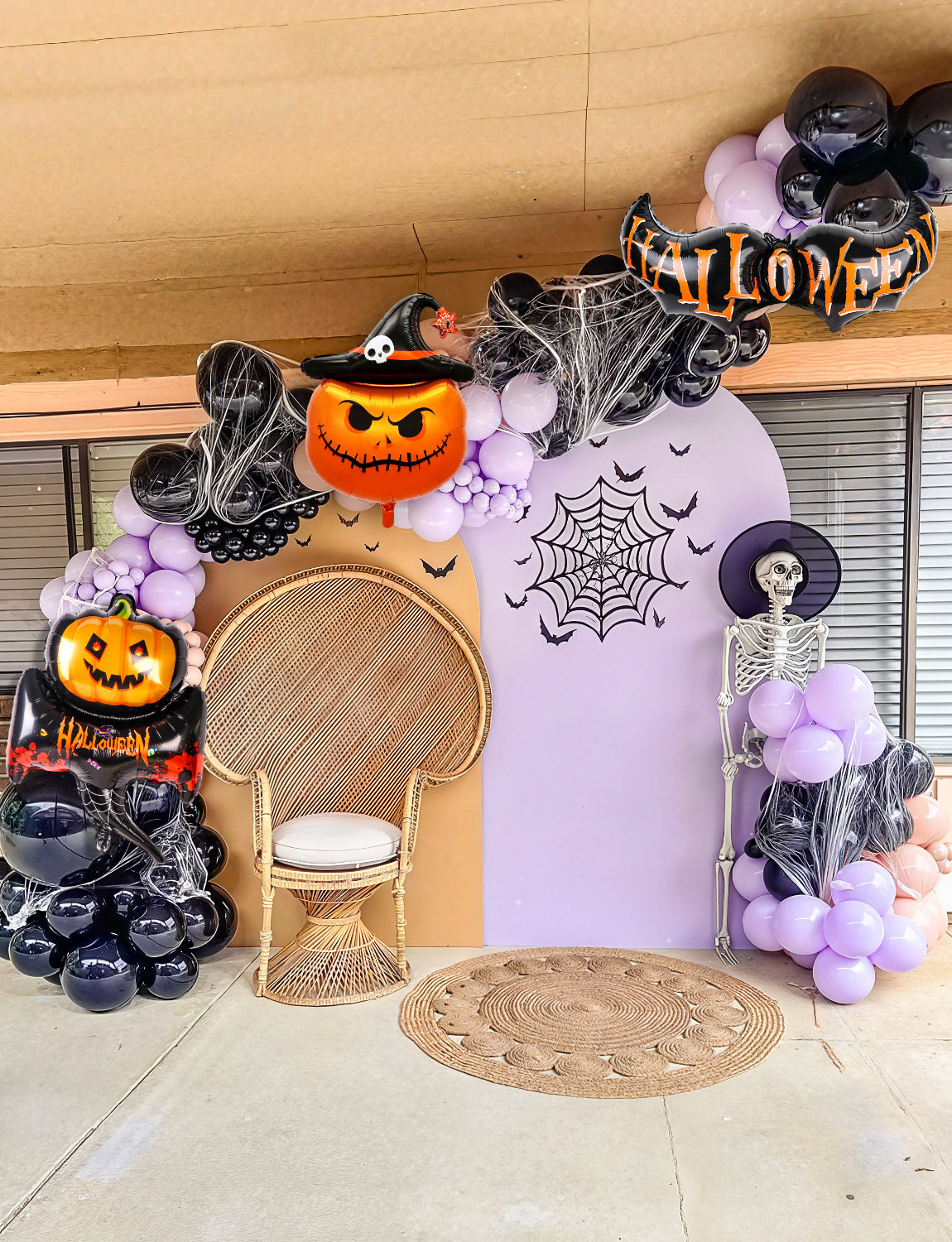 Halloween Balloon Garland Arch Kit, 113PCS Purple Black Latex Balloons with Bobo Balloon, Pumpkin Bat Ghost Foil Balloons and PVC Bat for Halloween Birthday Party Decorations Indoor Outdoor