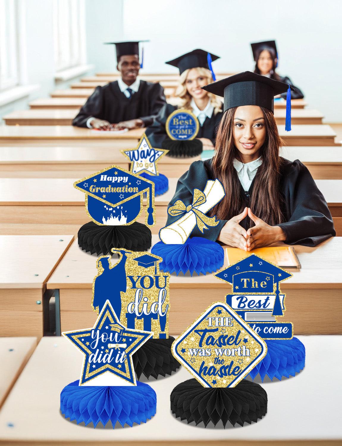 Graduation Centerpieces for Tables, 9Pcs Graduation Table Decorations, 3D Royal Blue Congrats Grad Honeycomb Centerpieces Table Toppers, Photo Props for Class of 2025 Grad Party Favors