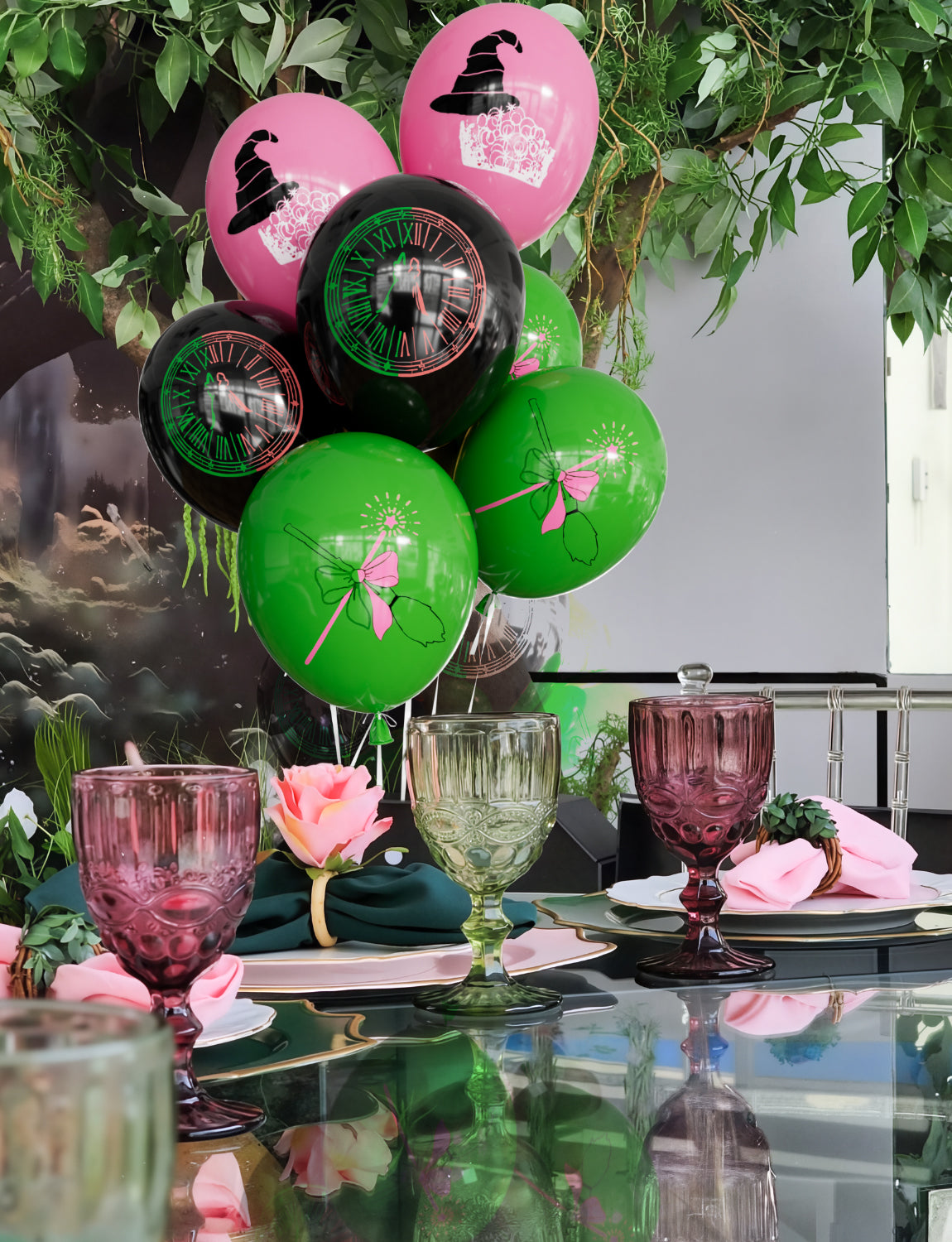 Haolongfa Wicked Balloons Set - 12 Inch Pink Green and Black Balloons with Spellbinding Witch Prints, Latex Halloween Balloon for Birthday, Cosplay, Magic Party, Theater, Kids Witch Themed Party