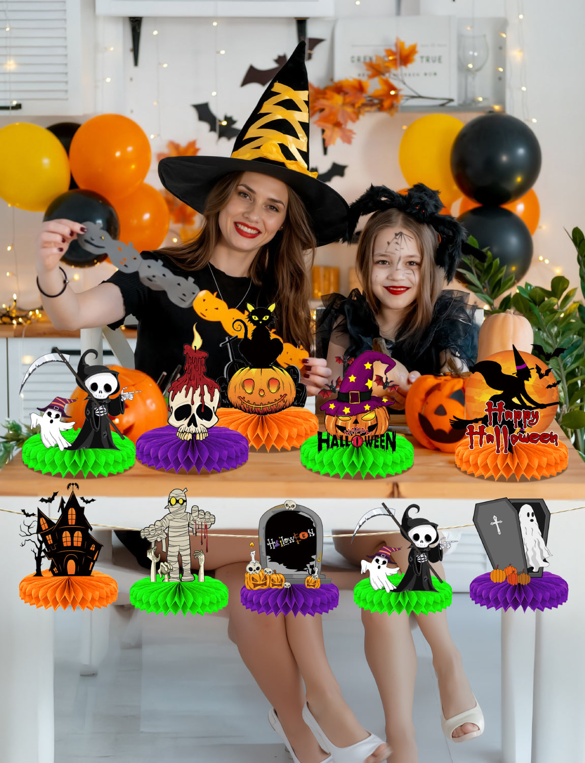 Halloween Table Decorations – 9Pcs Honeycomb Centerpieces for Table Featuring Pumpkin, Ghost, Cat, Castle, Tombstone,Spooky Decor for Kids Birthday and Halloween Party