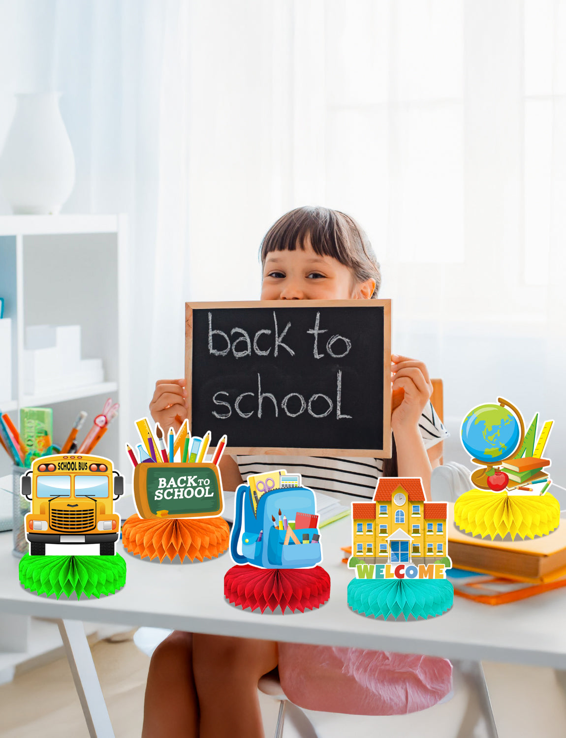 Back to School Table Decorations – Welcome Back to School Table Centerpiece, School Bus Stationery Chalkboard Honeycomb Centerpieces for School Party, Classroom, Office, Home Decor