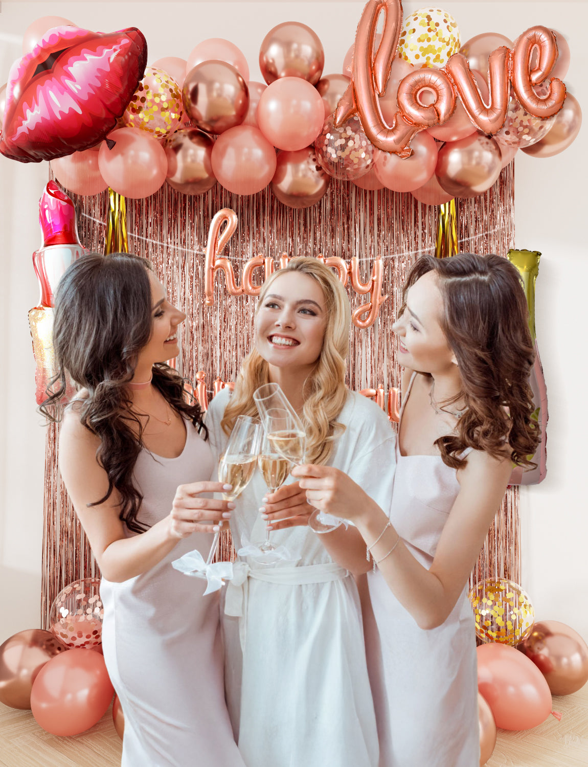 Rose Gold Happy Birthday Decorations for Women and Girls – Rose Gold Balloons, Happy Birthday Banner, Foil Crown Love Balloons with Fringe Curtain for Birthday Party Supplies