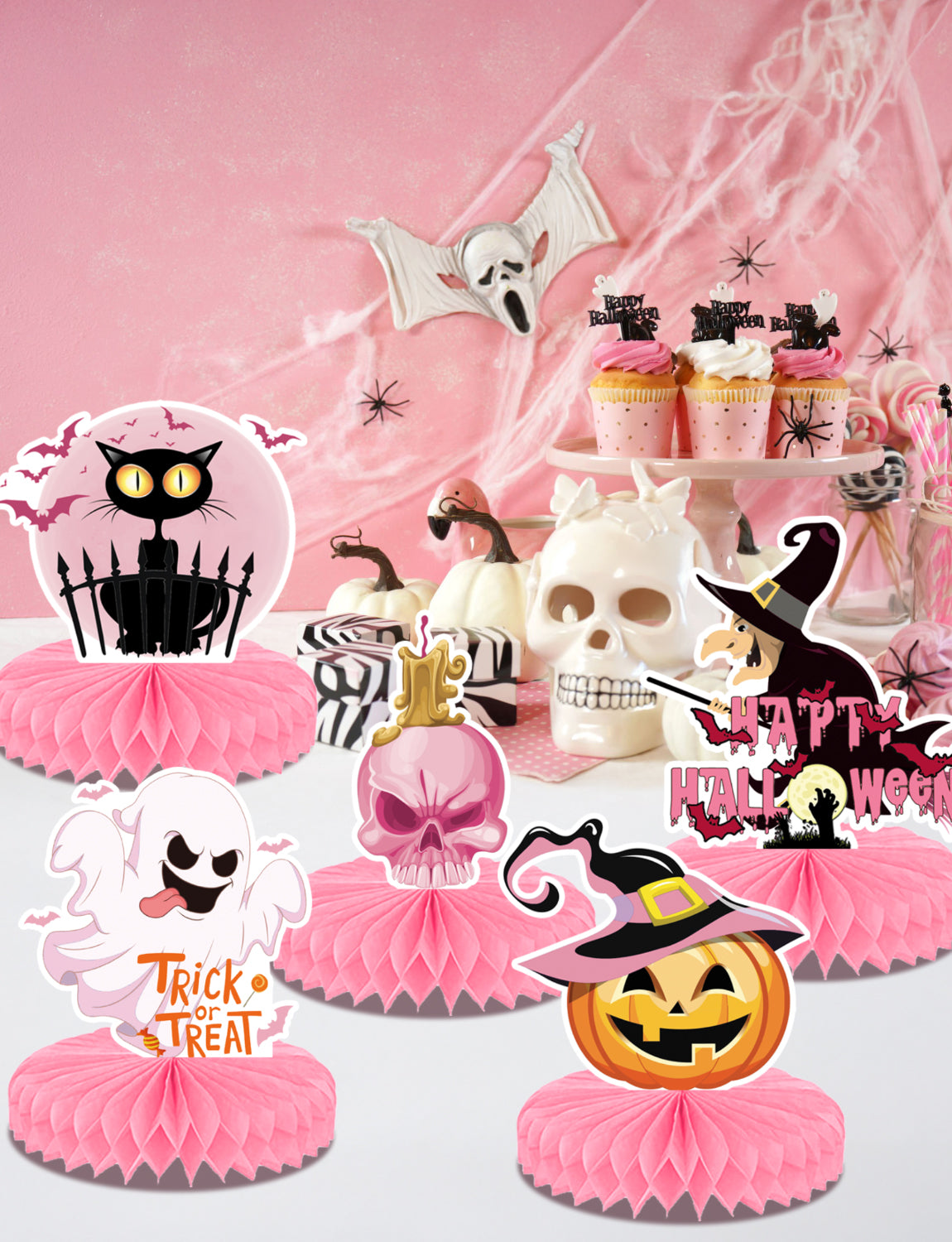 Pink Halloween Table Decorations, 9 Pcs Cute Pastel Halloween Honeycomb Centerpieces for Table, Pink Halloween Party Decor for Baby Shower, Girls Birthday, Gender Reveal