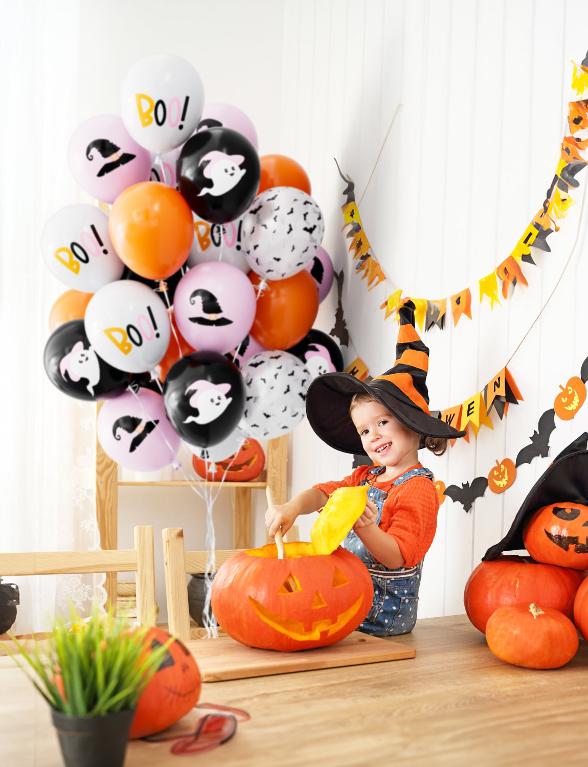 Haolongfa Pink and Black Balloons,12 Inch Halloween Balloons,Pink,Black,Orange,White Balloons,Hey Boo Balloons with Cute Ghost,Wizard Hat,Bat Design for Halloween Party Decorations,Birthday,Baby Shower-50Pcs