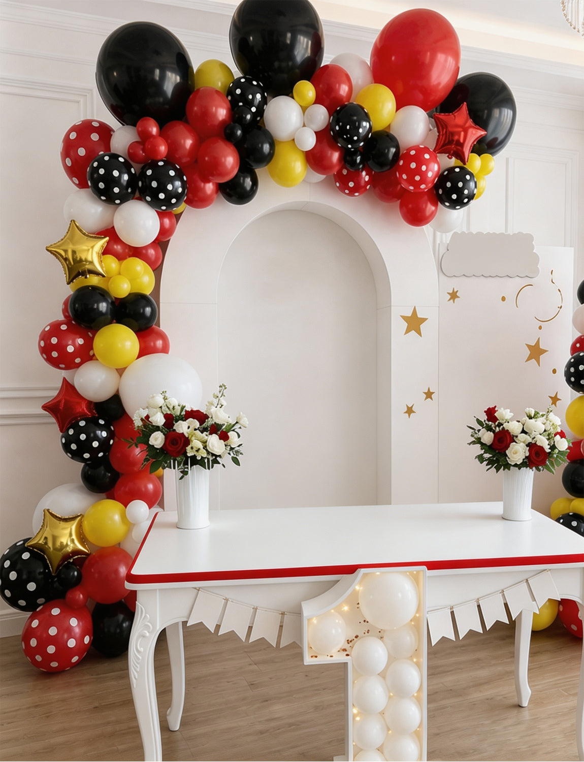 Red Yellow Black Balloon Garland Arch Kit for Cartoon Party Decor 144 Pcs Red Yellow Black Balloons with Polka Dots, Star Foil Balloons, Cartoon Theme Birthday, Baby Shower Party Decor