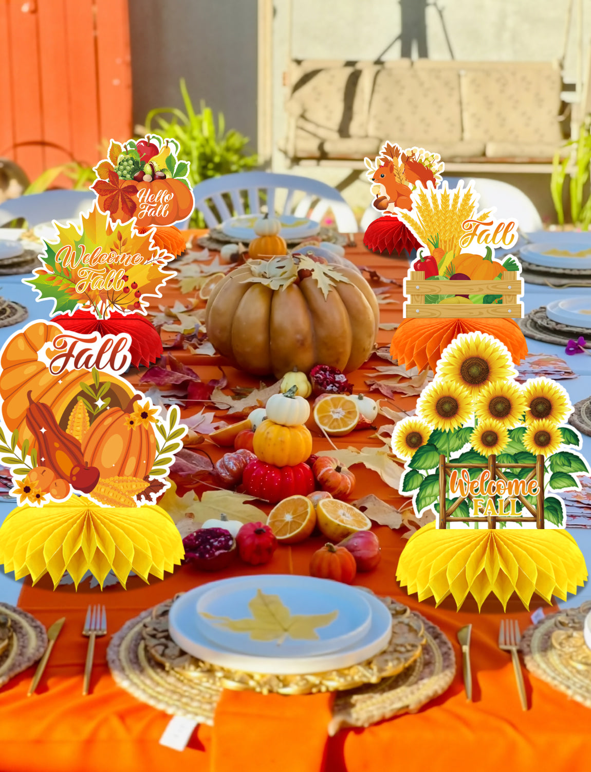 Fall Table Decorations - 9Pcs Fall Honeycomb Centerpieces for Tables with Pumpkins, Sunflowers, Scarecrow, Squirrel for Thanksgiving Dinner, Autumn Harvest Festival, Rustic Fall Party Decorations