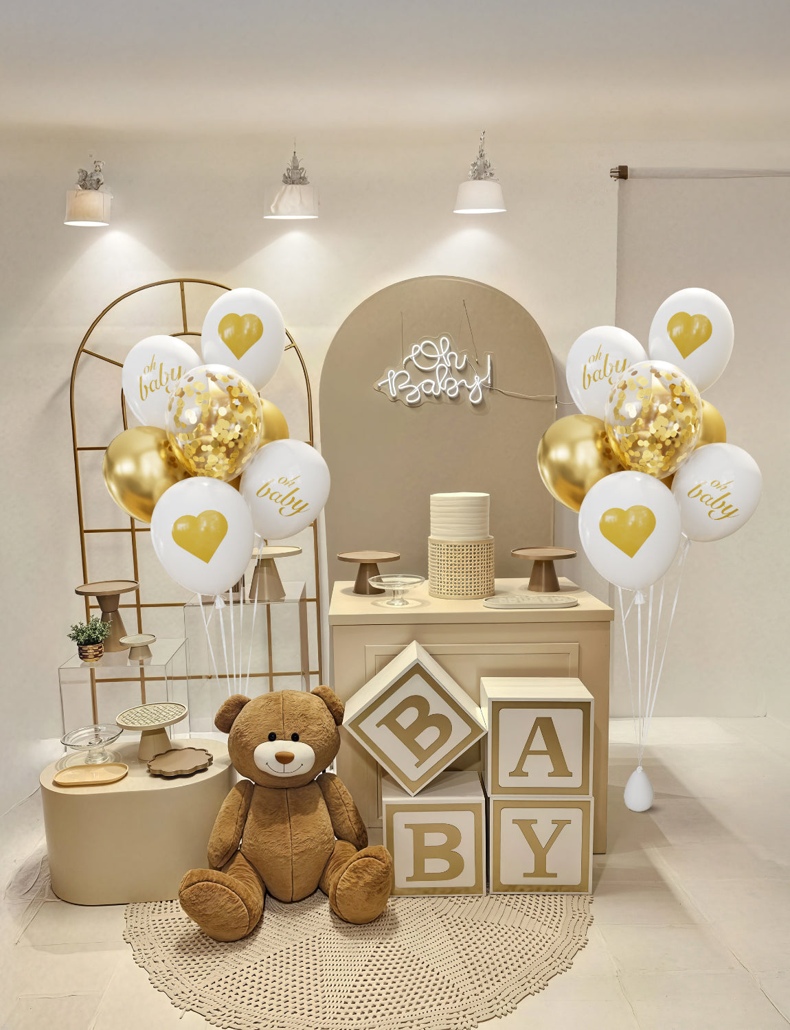 Oh Baby White and Gold Balloons 18pcs Set - 12 Inch Printed Latex Balloons, White Metallic Gold Confetti Balloons for Baby Shower, Gender Reveal, Birthday, Lovely Photo Decorations