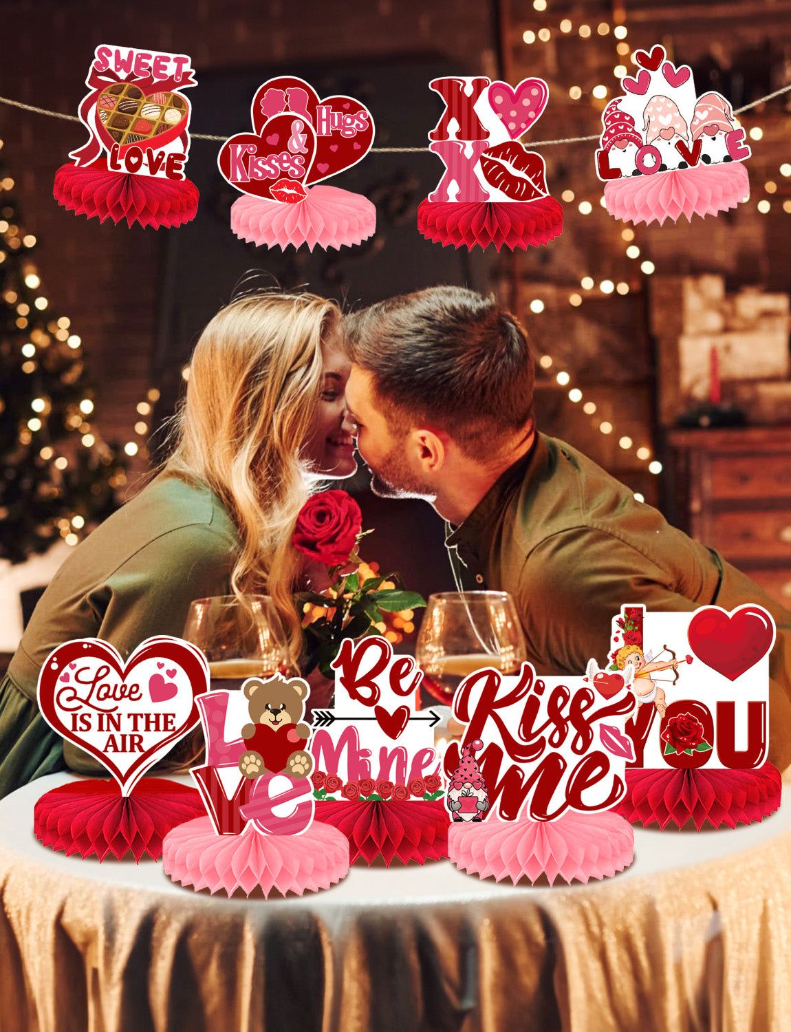 Haolongfa Valentines Day Table Decorations, 9 Pcs Valentines Centerpieces for Tables, Bear Heart Valentine Honeycomb Centerpieces Red Pink Valentine Table Centerpiece for Valentines Day Decorations