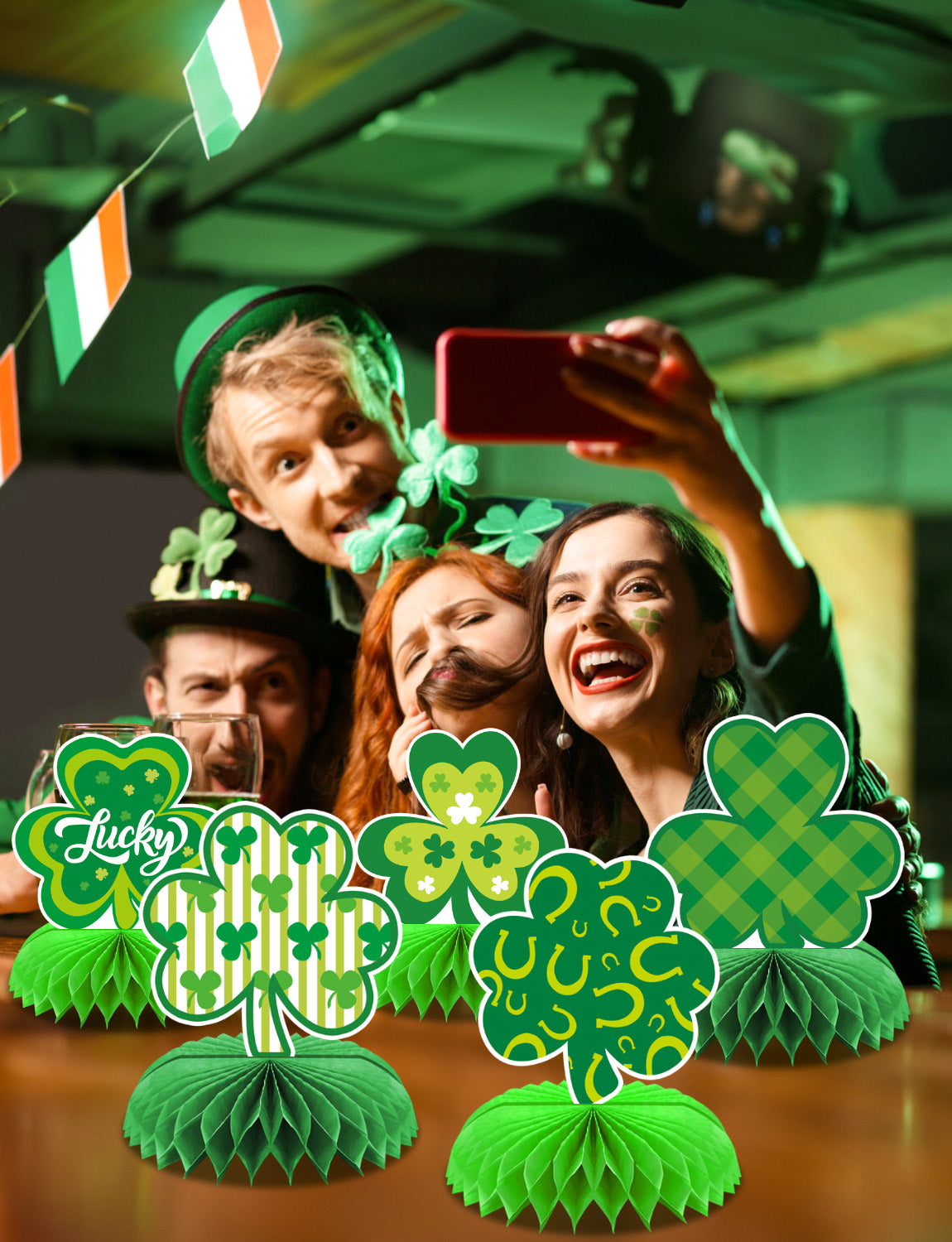 St Patricks Day Table Decorations, 9 Pcs St Patricks Day Honeycomb Centerpieces, 3D Irish Shamrock Centerpieces for Table, Clover Table Topper for St. Patrick's Day Party Favor Supplies
