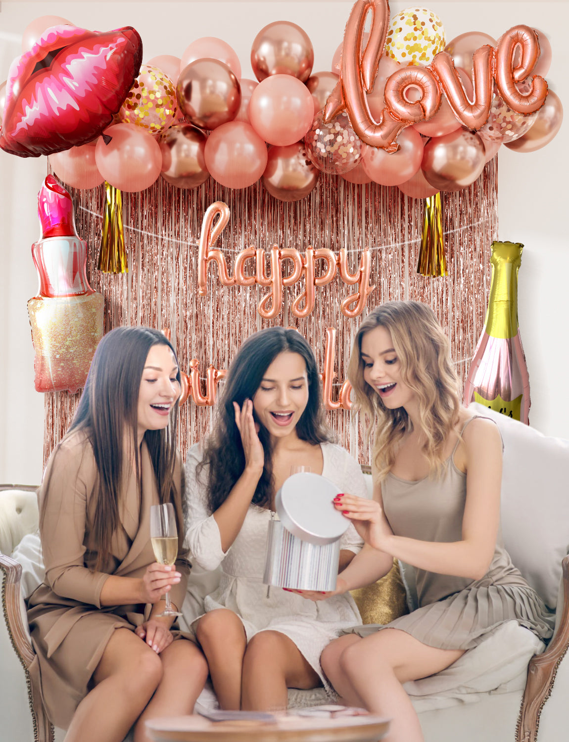 Rose Gold Happy Birthday Decorations for Women and Girls – Rose Gold Balloons, Happy Birthday Banner, Foil Crown Love Balloons with Fringe Curtain for Birthday Party Supplies