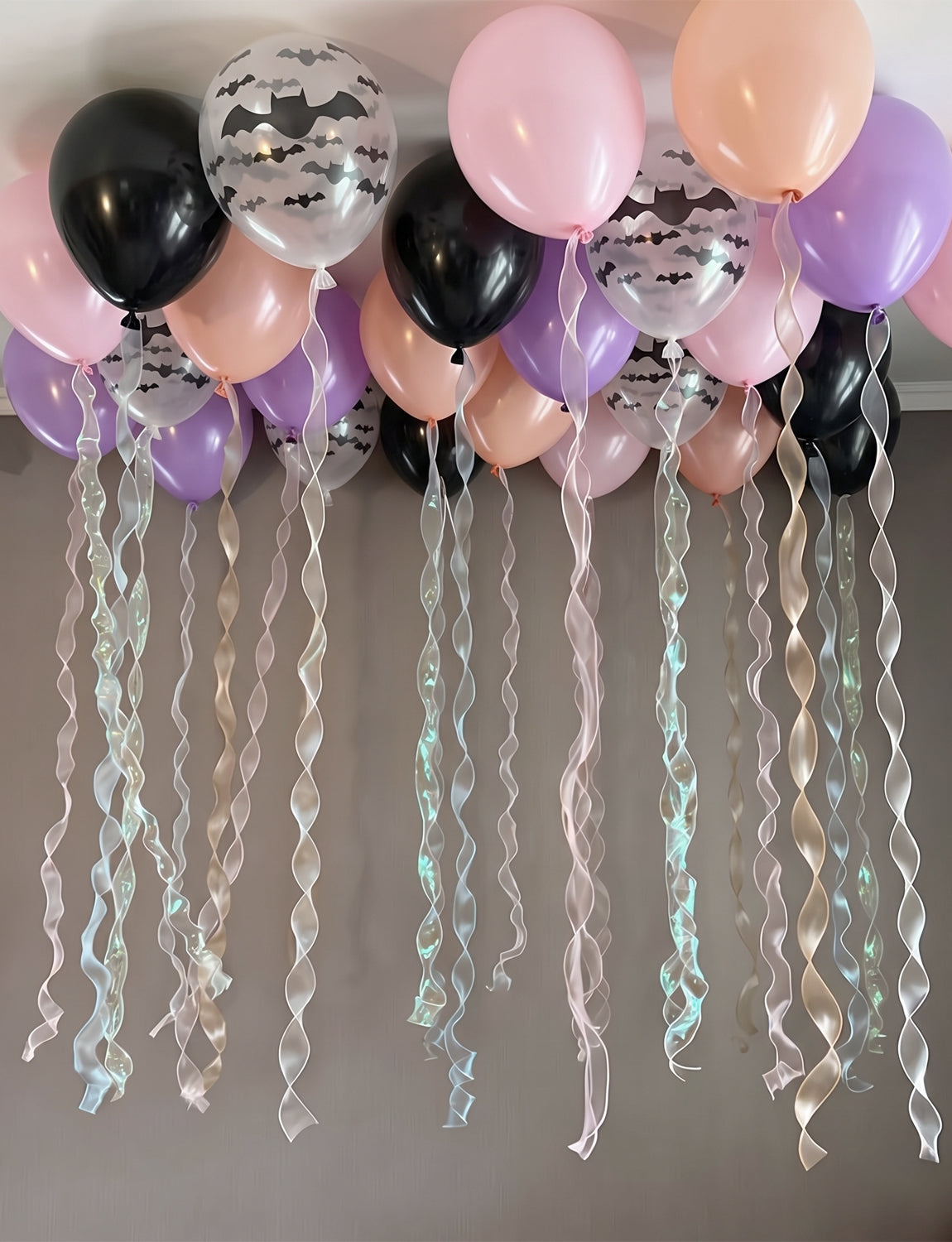 Halloween Balloons, Pastel Latex Balloons for Halloween Decor 12In Black, Purple and Pink Balloons with Bat Print and 3D Bat Stickers for Cute Ghost Spooky Halloween, Birthday Party Decor