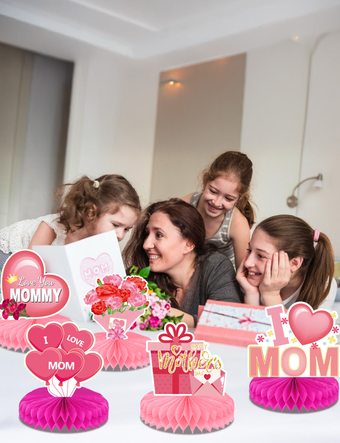 Mothers Day Table Decorations, Happy Mothers Day Centerpieces for Table, 9Pcs Pink Super Mom Theme Honycomb Centerpieces, 3D Flowers and Heart Table Toppers, for Mother‘s Party Supplies
