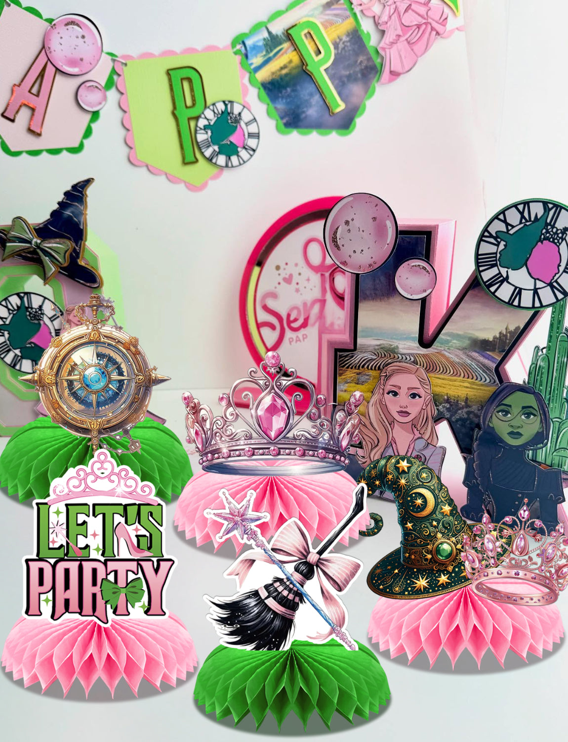 Witch Theme Party Table Decorations - Pink and Green Honeycomb Centerpieces for Movie Birthday Decor, Magical Witch Table Toppers and Party Supplies for Girls, Kids