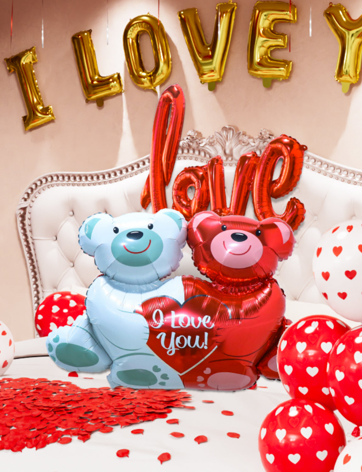 Haolongfa Valentines Day Decorations Kit, I Love You Balloons and Foil Red Heart Balloons, Love Balloon Kit with 1000 Pcs Red Silk Rose Petals, Valentines Balloons for Valentines Day Decorations