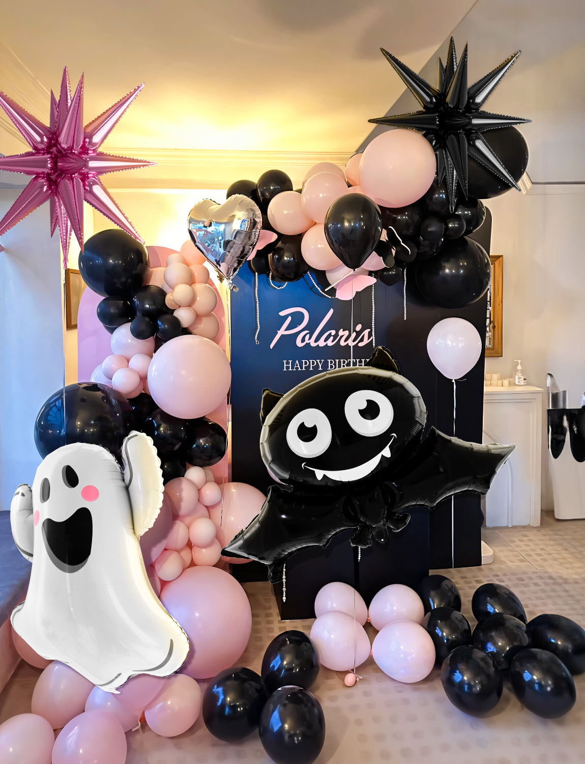 Haolongfa Pink Black Silver Halloween Balloons Garland Arch Kit,130pcs Halloween Balloons With Starburst,Ghost,Bat Foil Balloons for Girl,Birthday,Baby Shower,Spooky One,Halloween Party Decorations