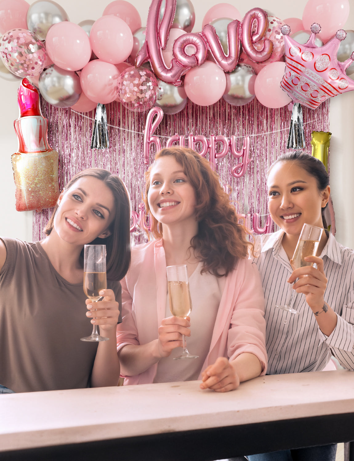 Pink Happy Birthday Decorations for Women and Girls – Pink and Silver Balloons, Happy Birthday Banner, Foil Crown Love Balloons with Fringe Curtain for Birthday Party Supplies