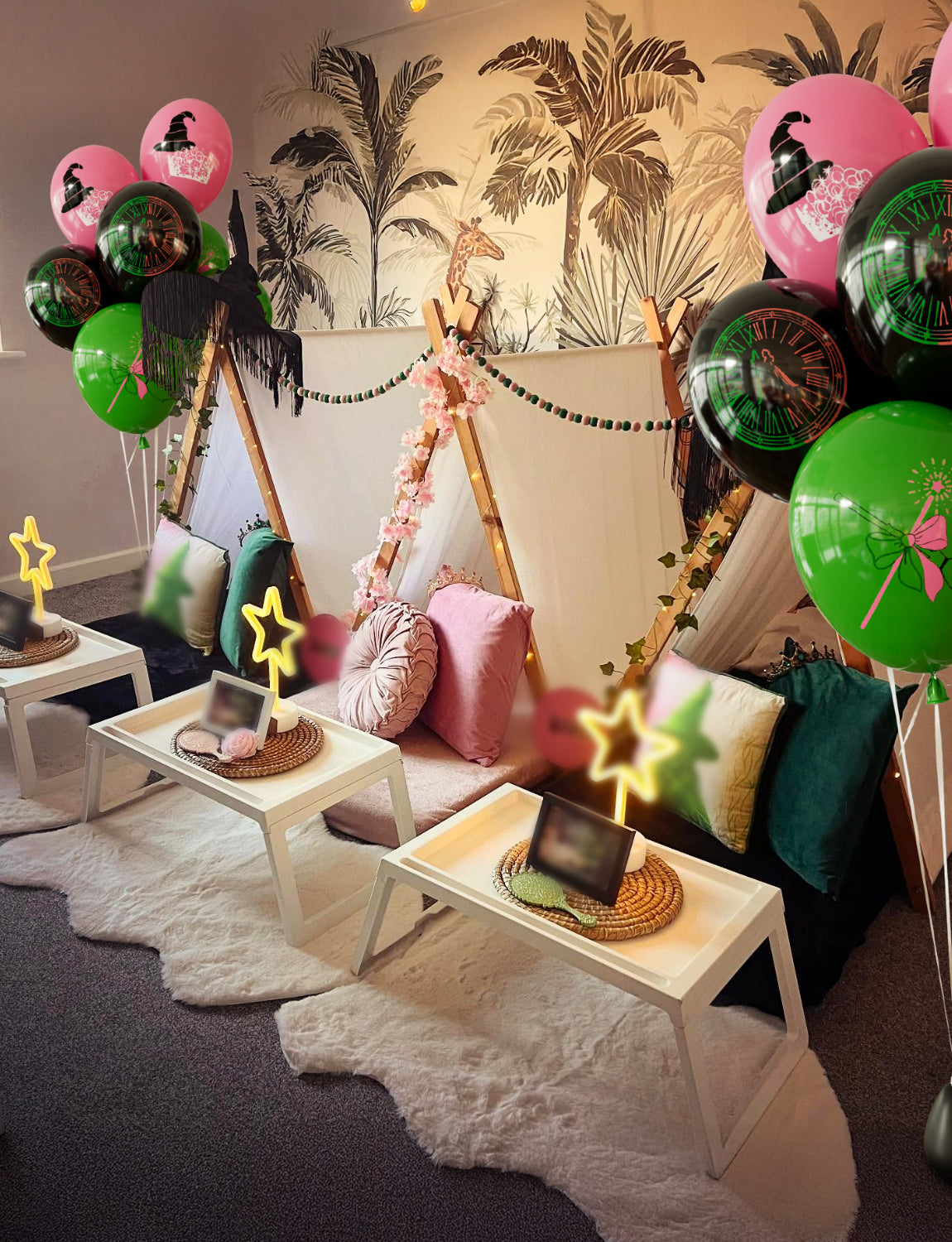 Haolongfa Wicked Balloons Set - 12 Inch Pink Green and Black Balloons with Spellbinding Witch Prints, Latex Halloween Balloon for Birthday, Cosplay, Magic Party, Theater, Kids Witch Themed Party