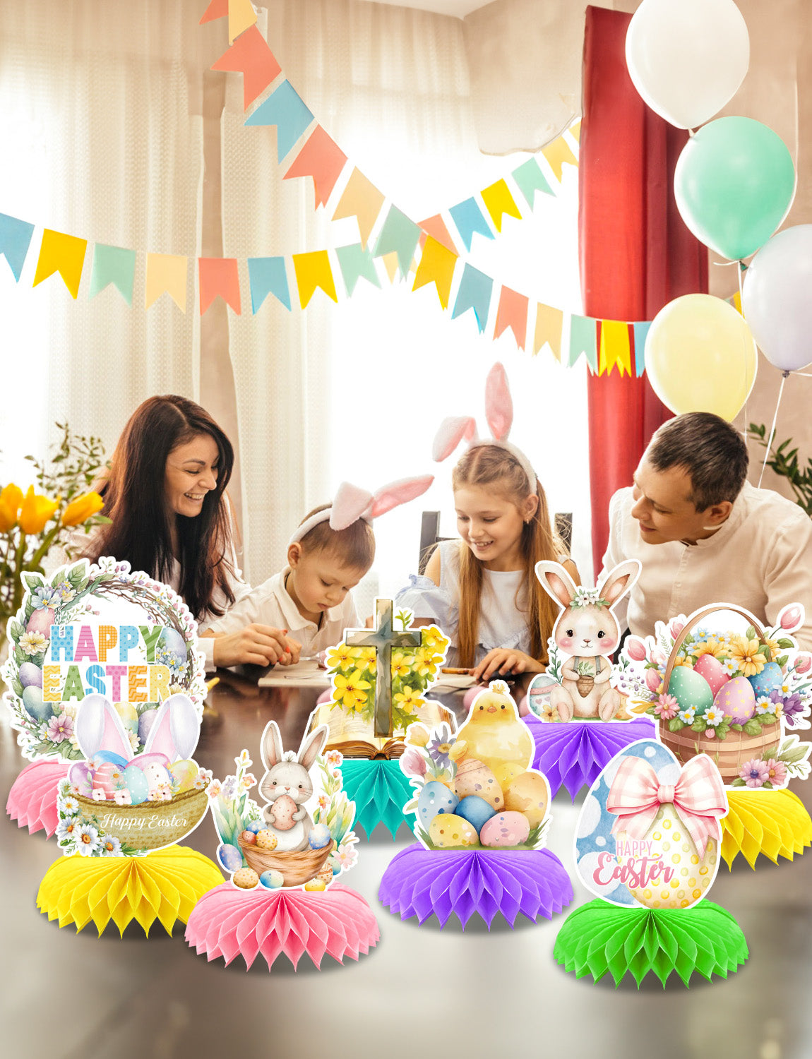 Easter Centerpieces for Tables Decorations, 9 Pcs Happy Easter Honeycomb Centerpieces, 3D Easter Bunny Egg Table Decoration for Easter Party Supplies, Spring Holiday Photo Prop