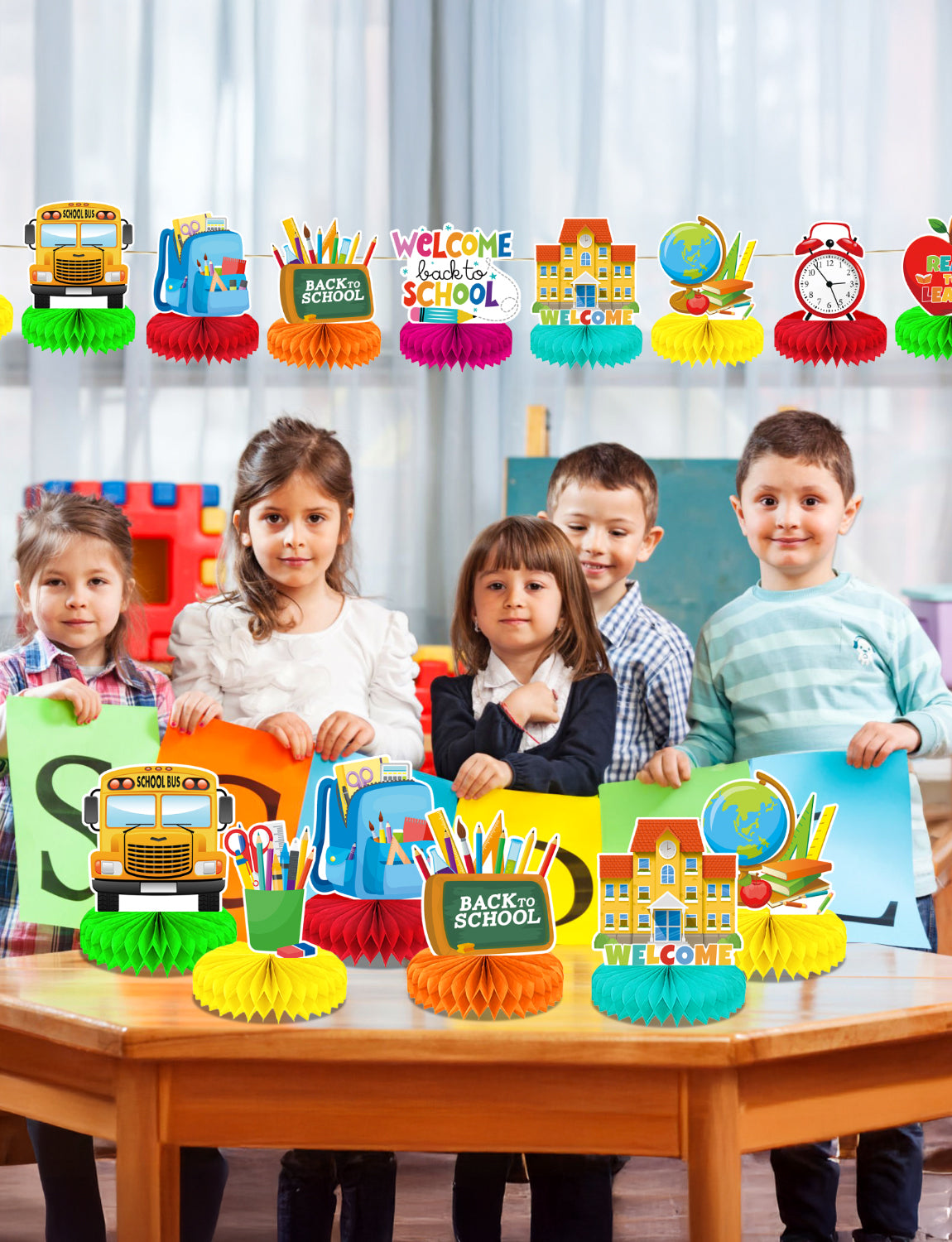Back to School Table Decorations – Welcome Back to School Table Centerpiece, School Bus Stationery Chalkboard Honeycomb Centerpieces for School Party, Classroom, Office, Home Decor