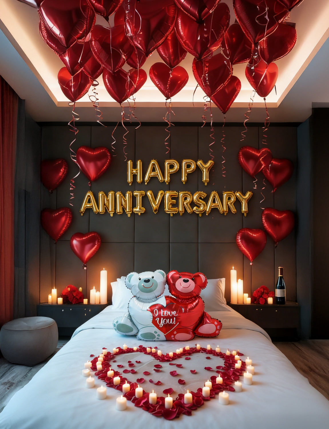 Happy Anniversary Balloon Decorations Set, Red Heart Balloons with Rose Petals, Happy Anniversary Banner, Couple Bear Balloon and Heart Hanging String, Romantic Decor for Valentine's Day,Special Night