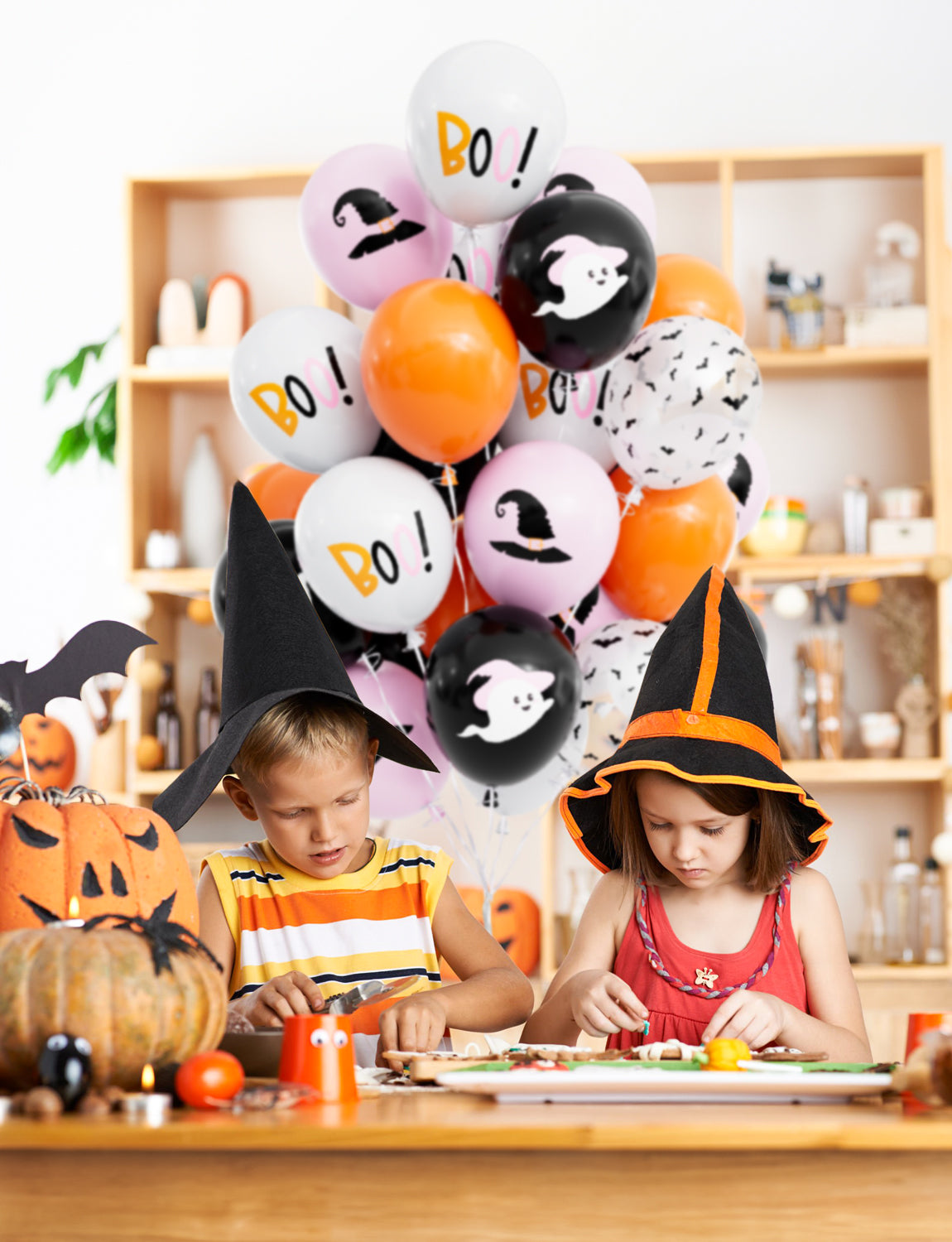 Haolongfa Pink and Black Balloons,12 Inch Halloween Balloons,Pink,Black,Orange,White Balloons,Hey Boo Balloons with Cute Ghost,Wizard Hat,Bat Design for Halloween Party Decorations,Birthday,Baby Shower-50Pcs