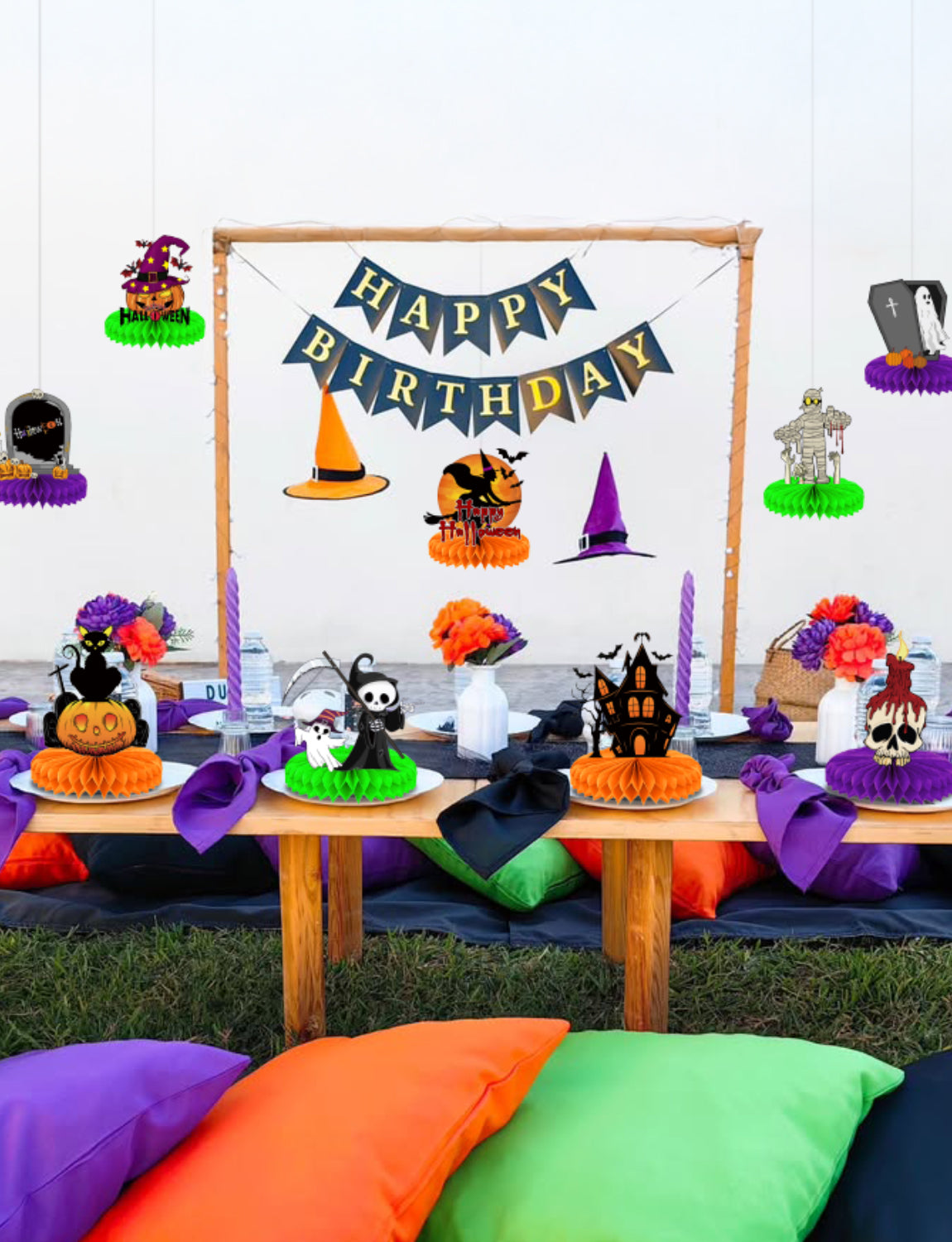 Halloween Table Decorations – 9Pcs Honeycomb Centerpieces for Table Featuring Pumpkin, Ghost, Cat, Castle, Tombstone,Spooky Decor for Kids Birthday and Halloween Party