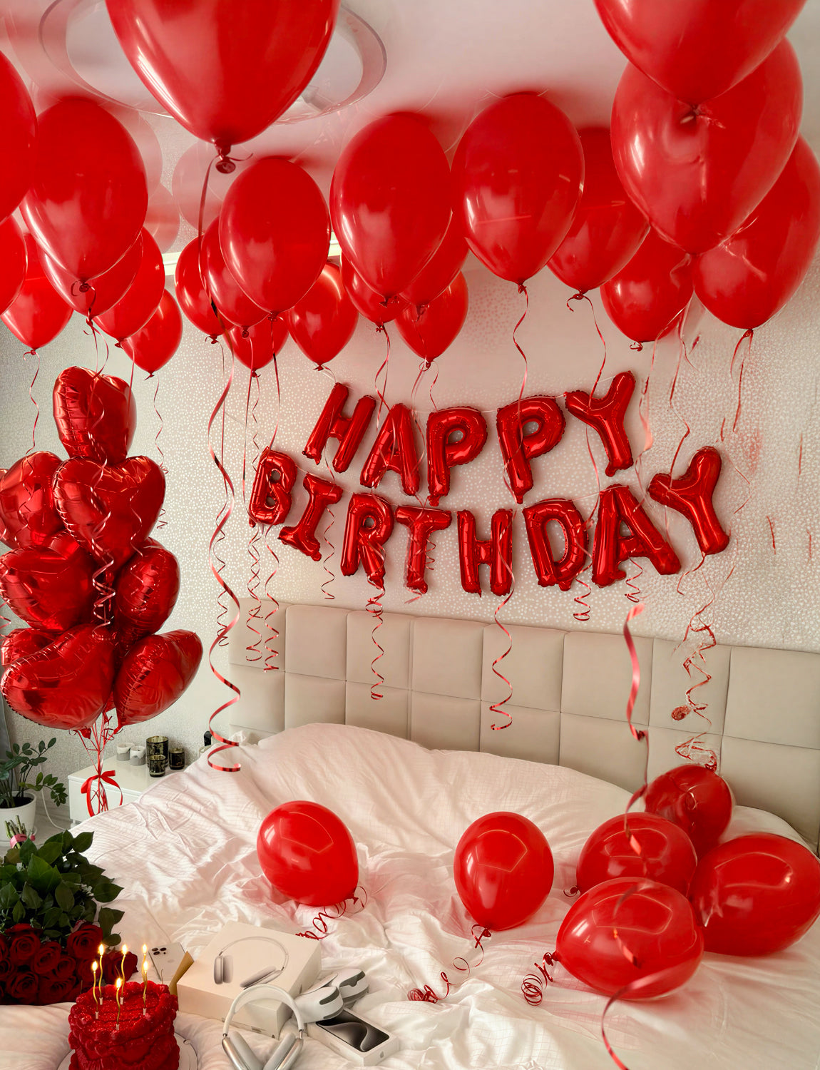 Valentines Day Decorations Set, Red Heart Balloons with Love Balloon, Fake Rose Petals and Red Confetti Balloons, Romantic Decor for Valentines, Proposal, Anniversary, Special Night, Bedroom Surprise