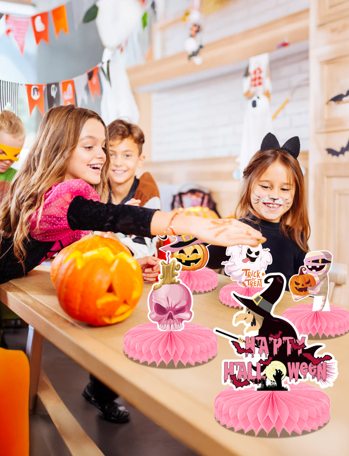 Pink Halloween Table Decorations, 9 Pcs Cute Pastel Halloween Honeycomb Centerpieces for Table, Pink Halloween Party Decor for Baby Shower, Girls Birthday, Gender Reveal