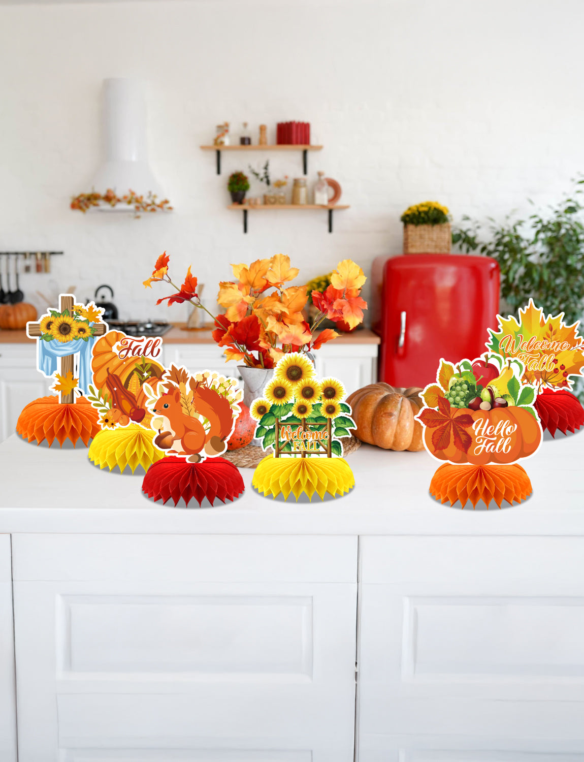 Fall Table Decorations - 9Pcs Fall Honeycomb Centerpieces for Tables with Pumpkins, Sunflowers, Scarecrow, Squirrel for Thanksgiving Dinner, Autumn Harvest Festival, Rustic Fall Party Decorations