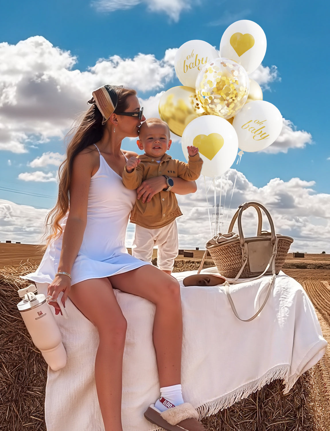 Oh Baby White and Gold Balloons 18pcs Set - 12 Inch Printed Latex Balloons, White Metallic Gold Confetti Balloons for Baby Shower, Gender Reveal, Birthday, Lovely Photo Decorations