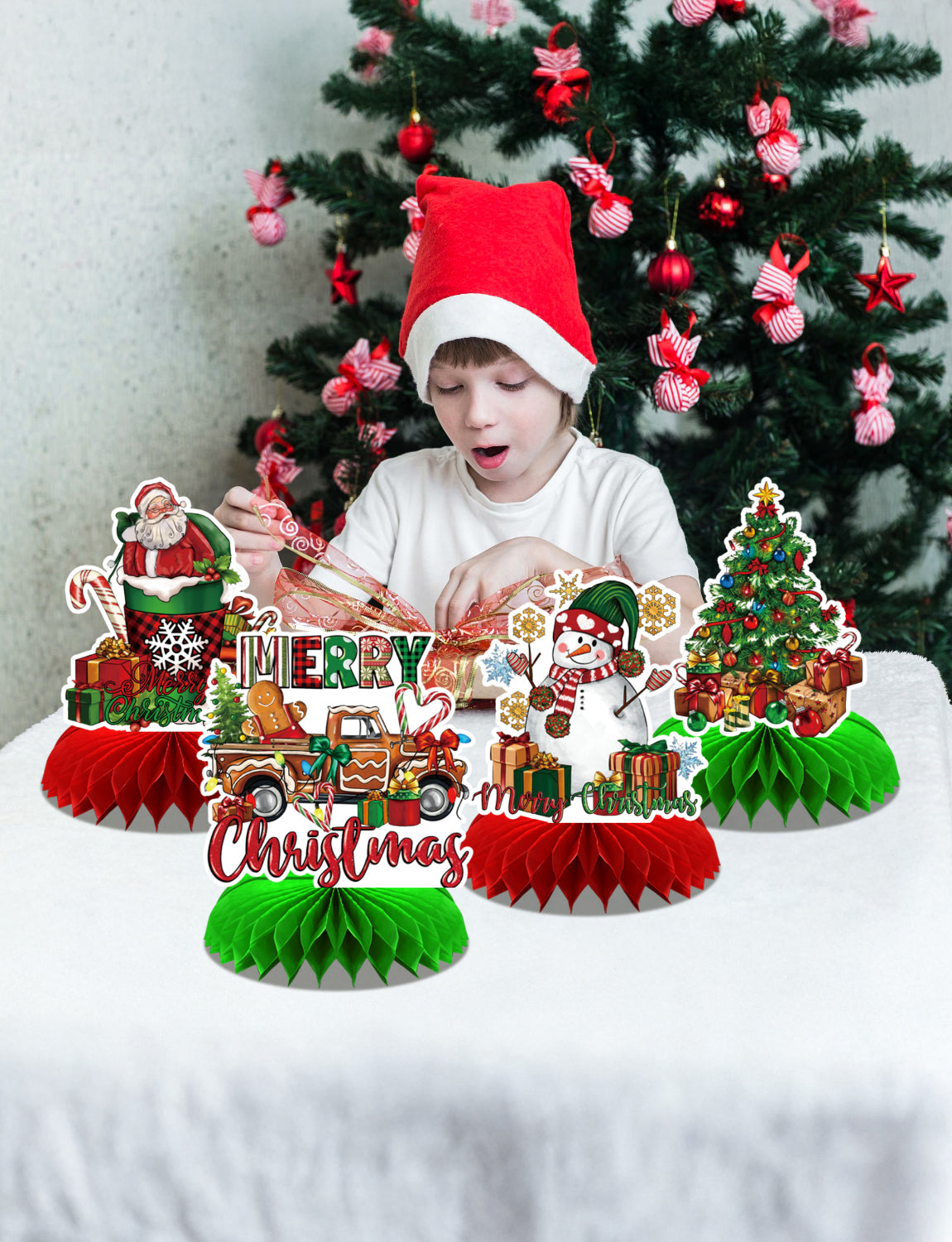 Christmas Party Table Decorations, 9Pcs 3D Christmas Honeycomb Centerpieces with Santa Claus & Snowman Designs, Festive Table Toppers for Winter Christmas Party Supplies