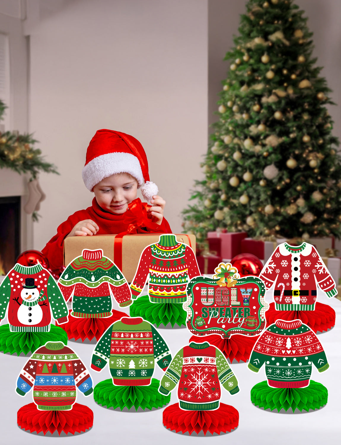 Christmas Ugly Sweater Party Table Decorations, 9 Pcs Ugly Sweater Honeycomb Centerpieces, 3D Funny Holiday Table Topper for Christmas Party Supplies, Winter Home & Office Decor