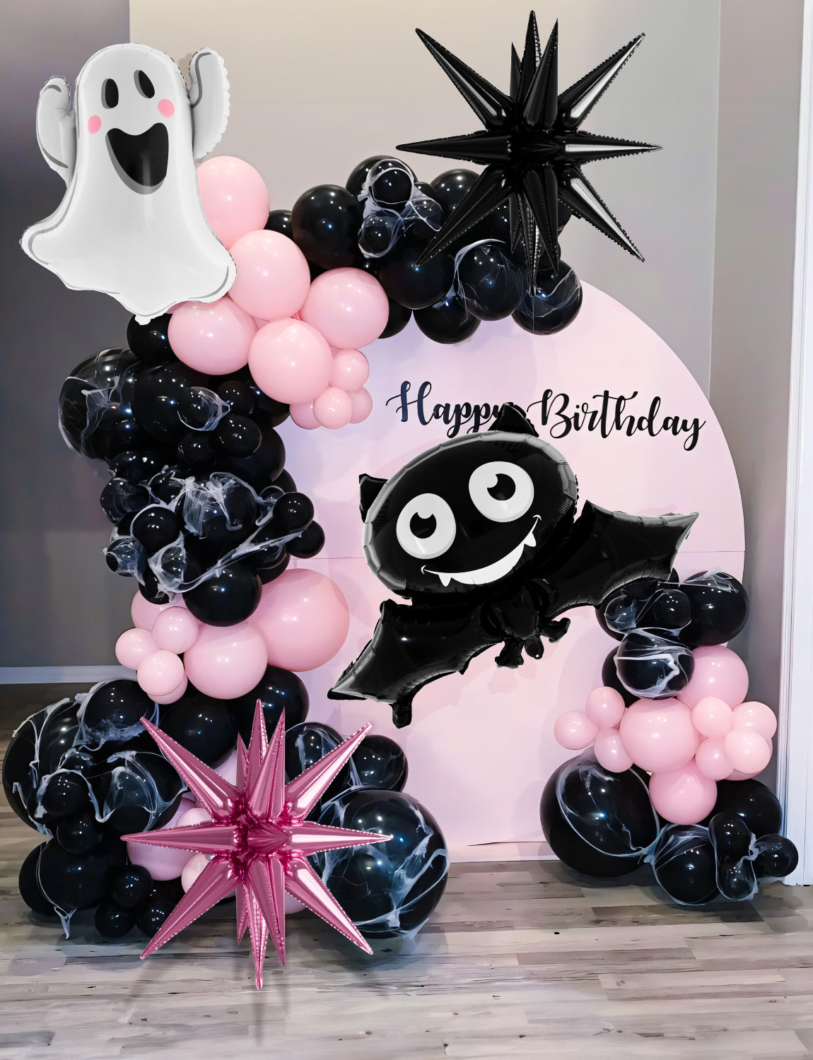 Haolongfa Pink Black Silver Halloween Balloons Garland Arch Kit,130pcs Halloween Balloons With Starburst,Ghost,Bat Foil Balloons for Girl,Birthday,Baby Shower,Spooky One,Halloween Party Decorations