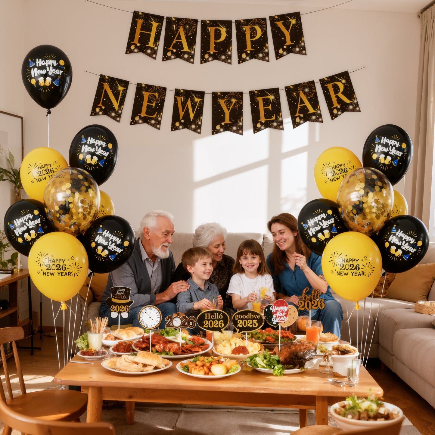 Happy New Year Decorations 2026 Set – Black & Gold Balloons, Happy New Year Banner, Cupcake Toppers, New Years Eve Party Supplies for Countdown Celebration & Home Decor