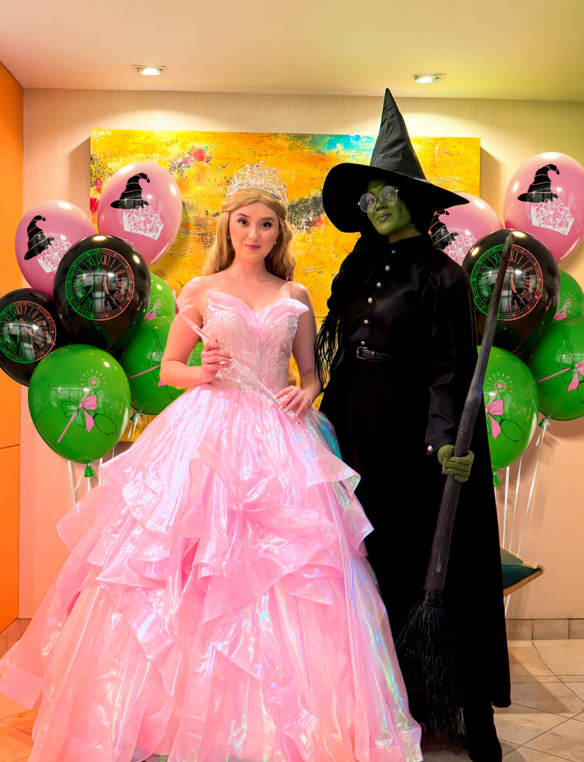 Haolongfa Wicked Balloons Set - 12 Inch Pink Green and Black Balloons with Spellbinding Witch Prints, Latex Halloween Balloon for Birthday, Cosplay, Magic Party, Theater, Kids Witch Themed Party
