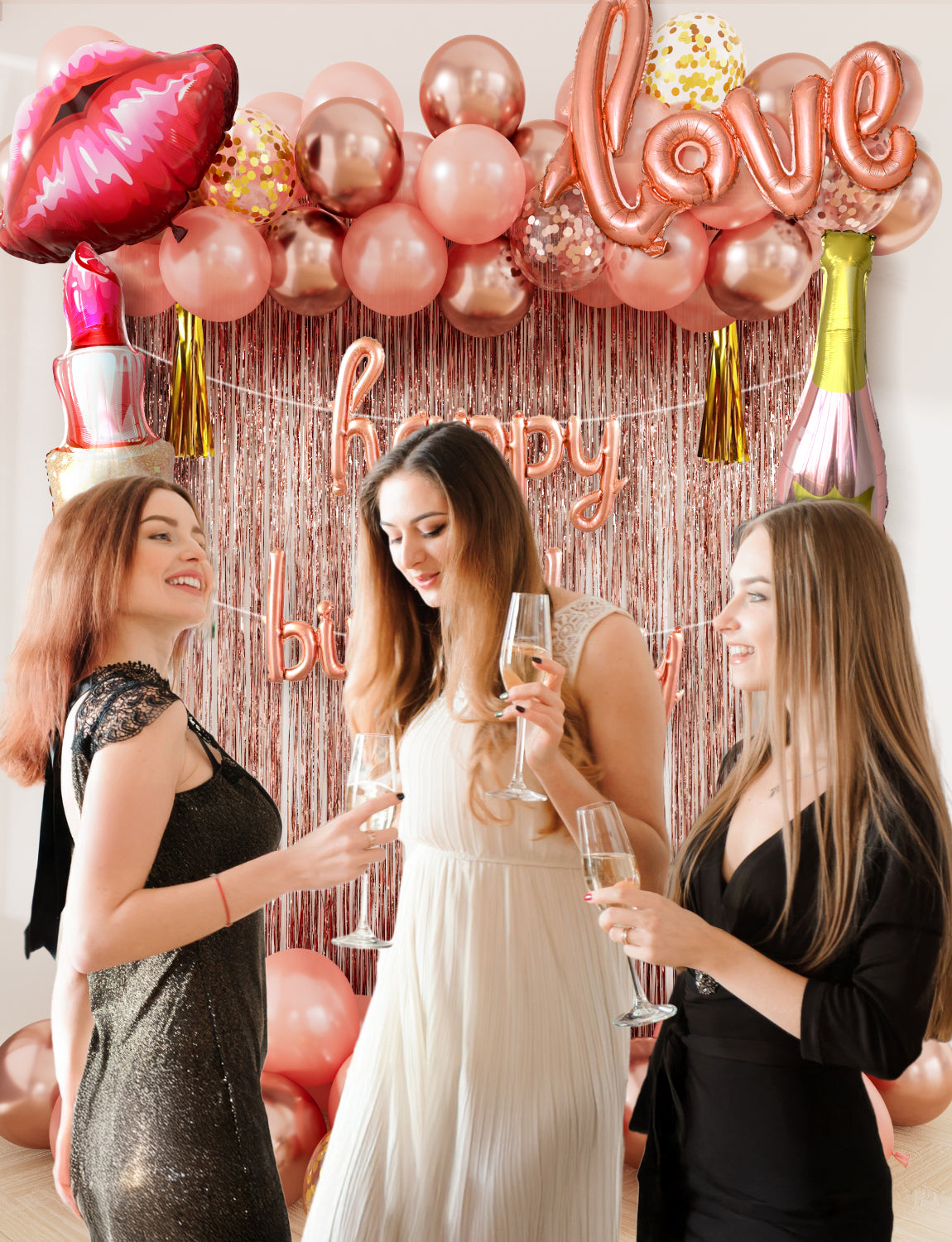 Rose Gold Happy Birthday Decorations for Women and Girls – Rose Gold Balloons, Happy Birthday Banner, Foil Crown Love Balloons with Fringe Curtain for Birthday Party Supplies